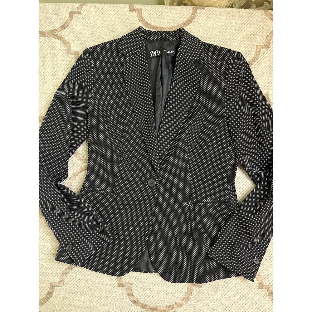 ZARA Woman’s Textured Weave Suit Jacket Blazer, Black/White polka dot, Size 4 - Picture 5 of 13